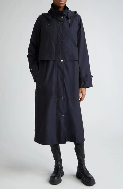 Akris Detachable Hooded Silk Taffeta Coat With Detachable Padded Lining In Navy