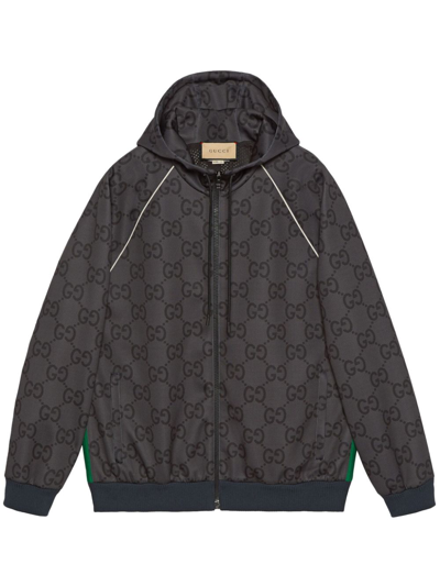 Gucci Jumbo Gg 图案织带条纹连帽夹克 In Grey