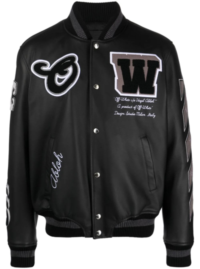 Off-white Logo-embroidered Leather Varsity Jacket In Black