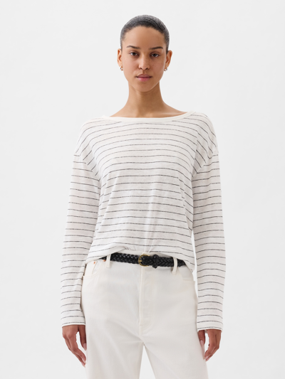Gap Linen-blend Boatneck T-shirt In White & Black Stripe