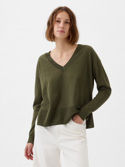 Gap 24/7 Split-hem Linen-blend Sweater In Ripe Olive Green
