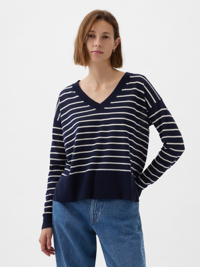 Gap 24/7 Split-hem Linen-blend Sweater In Navy White Stripe