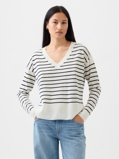 Gap 24/7 Split-hem Linen-blend Sweater In White Navy Stripe
