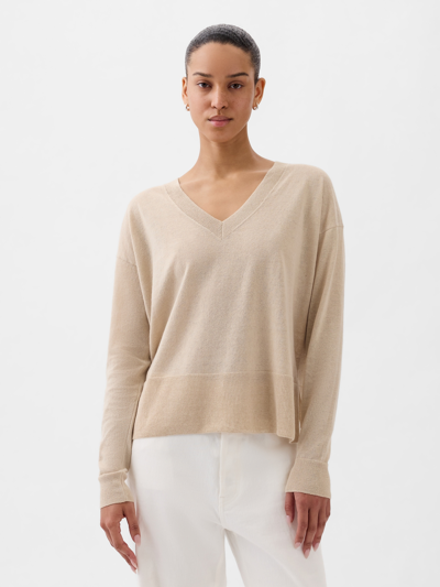 Gap 24/7 Split-hem Linen-blend Sweater In Bedrock Beige