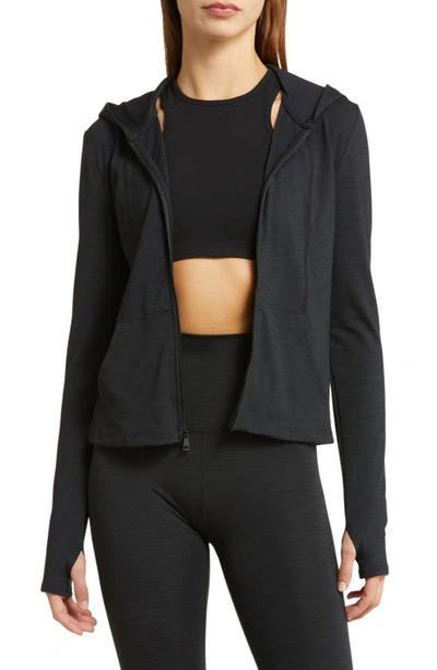 Beyond Yoga Heather Rib Zip-up Hooded Jacket In Black Heather