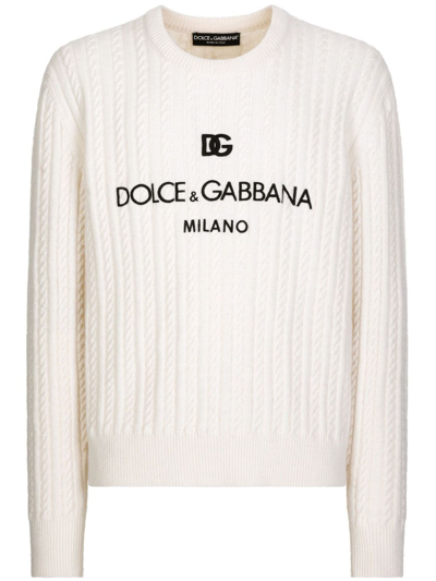 Dolce & Gabbana White Logo-embroidery Virgin Wool Sweater