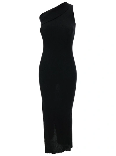RICK OWENS 'ATHENA' LONG BLACK RIBBED ONE SHOULDER DRESS IN WOOL WOMAN
