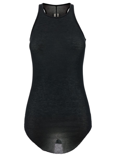 RICK OWENS BLACK RIBBED TANK TOP WITH CURVED HEM IN VISCOSE AND SILK BLEND WOMAN
