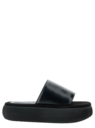 OSOI BLACK PADDED SLIDES WITH CHUNKY SOLE IN LEATHER WOMAN