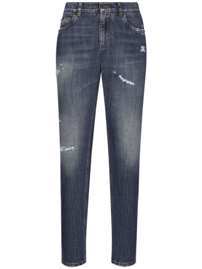 Dolce & Gabbana Mid-rise Ripped Straight-leg Jeans In Blue