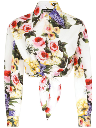 Dolce & Gabbana Floral Print Cropped Poplin Shirt With Front Tie In White Prt