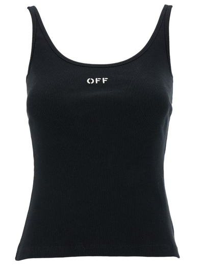 OFF-WHITE BLACK RIBBED TANK TOP WITH CONTRASTING LOGO EMBROIDERY IN STRETCH COTTON WOMAN