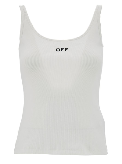 OFF-WHITE WHITE RIBBED TANK TOP WITH CONTRASTING LOGO EMBROIDERY IN STRETCH COTTON WOMAN