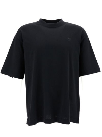 Off-white Black Crewneck T-shirt With Tonal Embroidery In Cotton Man