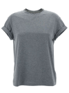 BRUNELLO CUCINELLI GREY CREWN NECK T-SHIRT WITH PEARLS IN STRETCH COTTON WOMAN