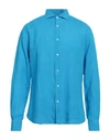 Fedeli Man Shirt Azure Size 17 Linen In Blue