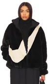 Nike Sportswear Faux Fur Swoosh Jacket In Black & Fossil