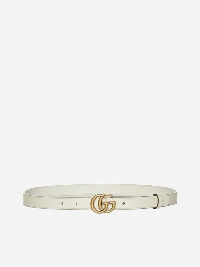 Gucci Gg Marmont Leather Thin Belt In Mystic White