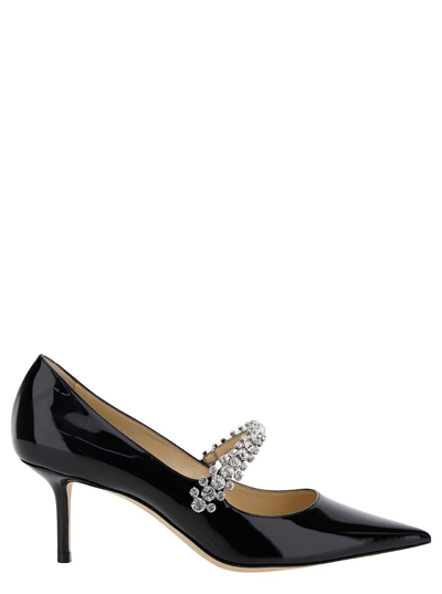 JIMMY CHOO 'BING PUMP' BLACK PUMPS WITH CRYSTAL STRAP IN PATENT LEATHER WOMAN