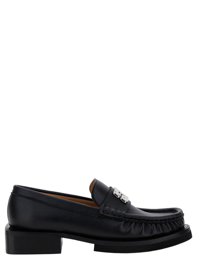 Ganni 'butterfly' Black Loafers With Logo Detail In Leather Woman