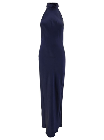 SEMICOUTURE 'ELISHA' LONG BLUE DRESS WITH HALTERNECK IN ACETATE AND SILK BLEND WOMAN
