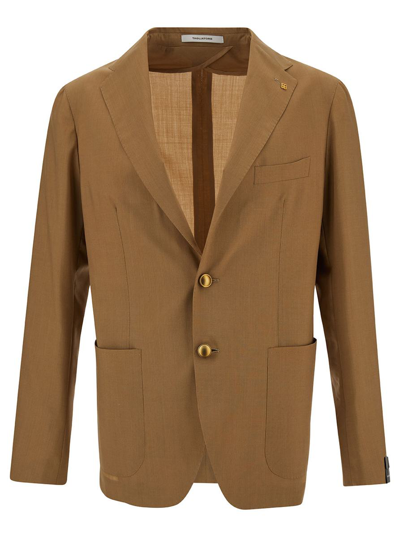 TAGLIATORE CAMEL BROWN SINGLE-BREASTED JACKET WITH LOGO DETAIL IN STRETCH WOOL MAN