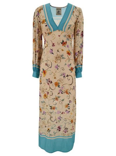 SEMICOUTURE 'GIOVANNA' LONG LIGHT BLUE AND BEIGE DRESS WITH FLOREAL PRINT IN VISCOSE WOMAN