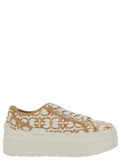 PINKO WHITE AND GOLD PLATFORM SNEAKERS WITH LOVE BIRDS MONOGRAM IN CANVAS WOMAN