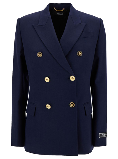 VERSACE BLUE DOUBLE-BREASTED JACKET WITH MEDUSA BUTTONS IN STRETCH WOOL WOMAN