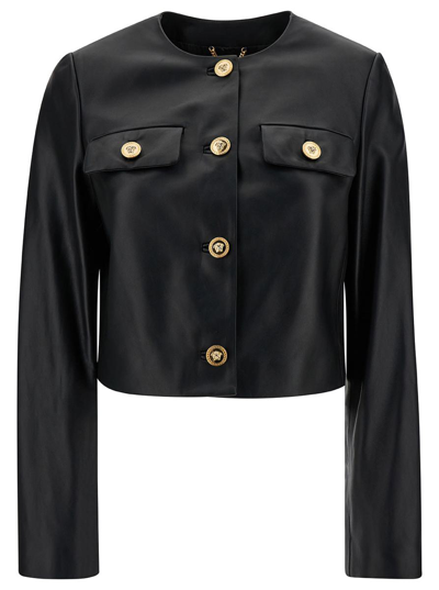 VERSACE BLACK CROPPED JACKET WITH MEDUSA BOTTONS IN LEATHER WOMAN