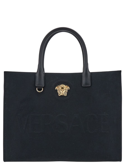 Versace Logo Canvas Tote Bag In Black,gold