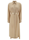 SEMICOUTURE 'PHILIPA' LONG CHAMPAGNE CHEMISIER DRESS WITH BELT IN ACETATE AND SILK BLEND WOMAN