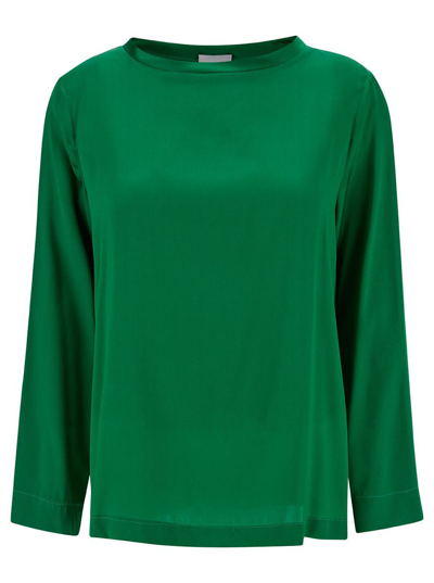 Plain Round Neck Long Sleeves Blouse In Green