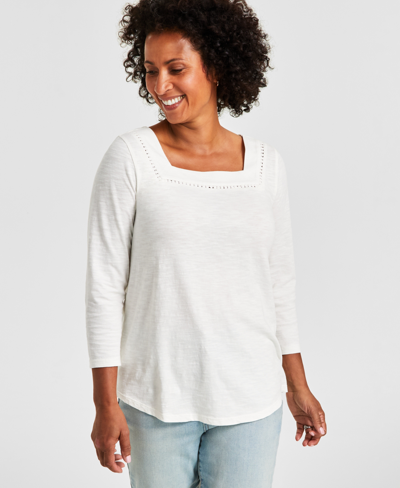 Style & Co Women's Cotton Square-neck Knit Top, Created For Macy's In Natural