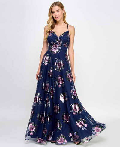 City Studios Juniors' Strappy Floral Metallic Mesh Gown, Created For Macy's In Navy,purple