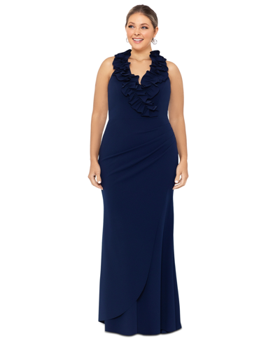 Xscape Plus Size Ruffled Gown In Navy