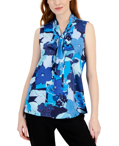 Tahari Asl Women's Printed Sleeveless Bow-neck Blouse In Blue Floral