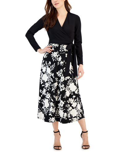 Anne Klein Petite Printed Serenity Tie-waist Dress In Black