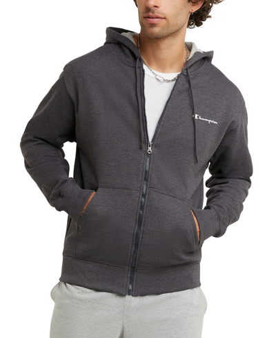 Champion Men's Powerblend Standard-fit Logo-print Full-zip Fleece Hoodie In Granite Heather