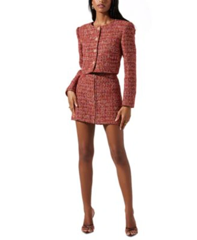 Astr Womens Milena Button Front Tweed Jacket Milena Tweed Mini Skirt In Orange Brown