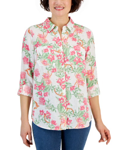 Charter Club Women's 100% Linen Foliage Print Shirt, Created For Macy's In Bright White