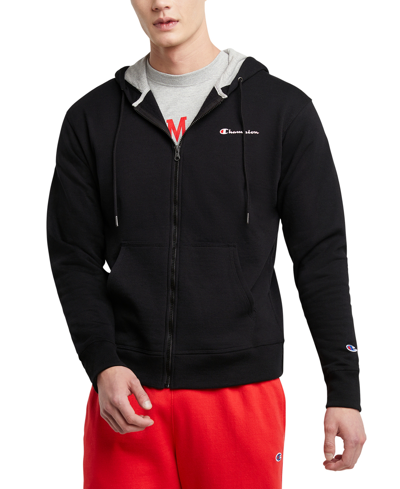 Champion Men's Powerblend Standard-fit Logo-print Full-zip Fleece Hoodie In Black