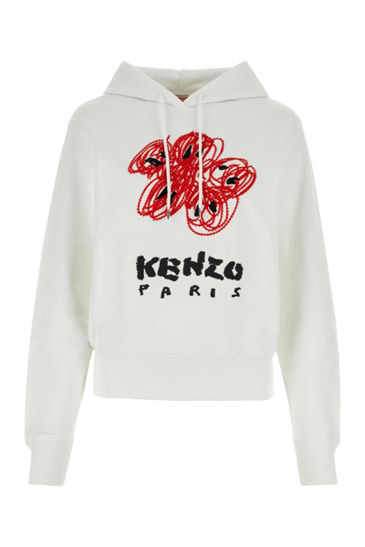 Kenzo Logo Printed Drawstring Hoodie In Blanc Casse