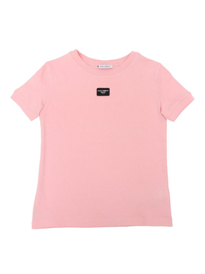 Dolce & Gabbana Kids' Logo Patch Crewneck T-shirt In Pink