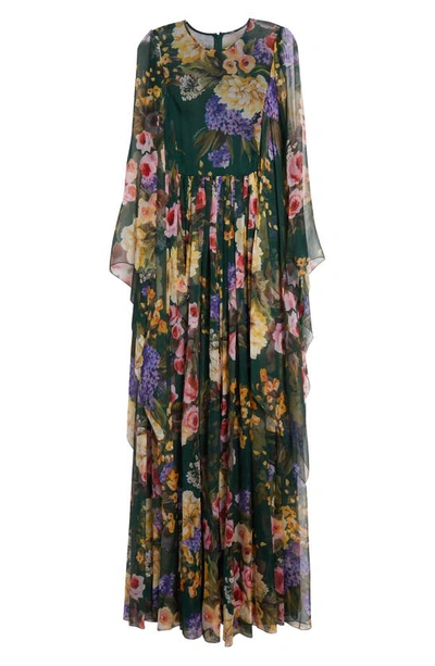 Dolce & Gabbana Floral Print Chiffon Gown With Cape Sleeves In Multi