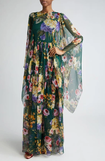 Dolce & Gabbana Floral Print Chiffon Gown With Cape Sleeves In Giardino Bianco