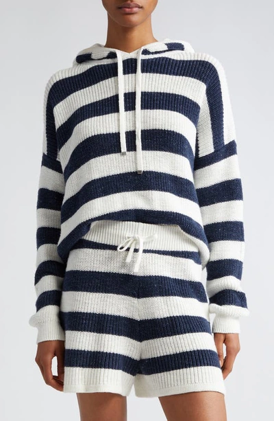 Eleventy Stripe Cotton & Linen Blend Sweater Hoodie In White And Navy