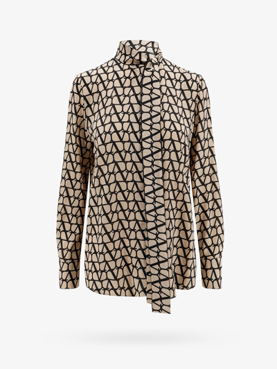 Valentino Pussy-bow Printed Silk Shirt In Beige