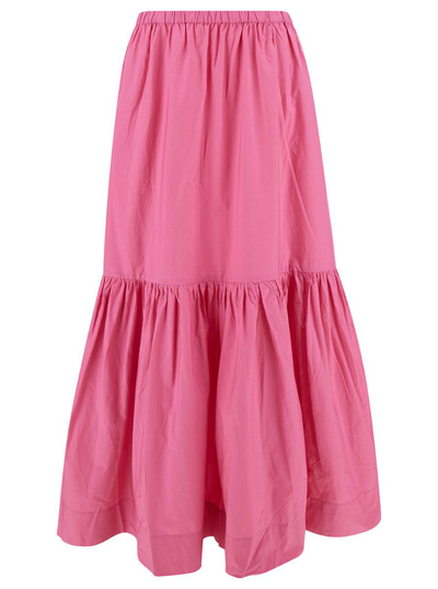 GANNI LONG PINK SKIRT WITH FLOUNCE DETAIL IN COTTON WOMAN