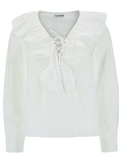GANNI WHITE BLOSUE WITH LACE-UP CLOSURE AND RUFFLES IN COTTON WOMAN